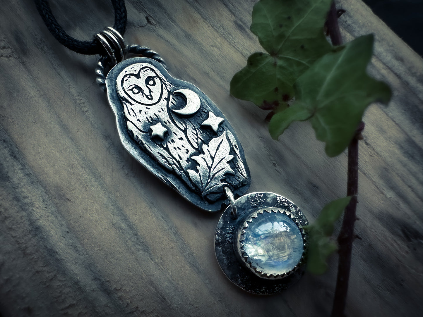 Handmade sterling silver barn owl pendant with crescent moon and rainbow moonstone. From the Little Familiars Collection by Silver Labyrinth Jewelry