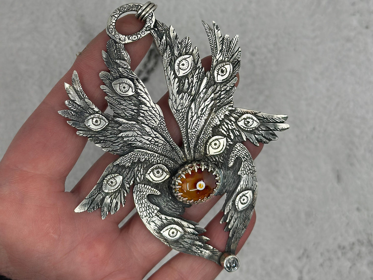 Sterling Biblically Accurate Angel Pendant & chain. Set with eye agate & salt and pepper diamond. Exquisite details, eight wings, eyes, feathers, all designed & handmade by Jen Smith. Other sizes available.