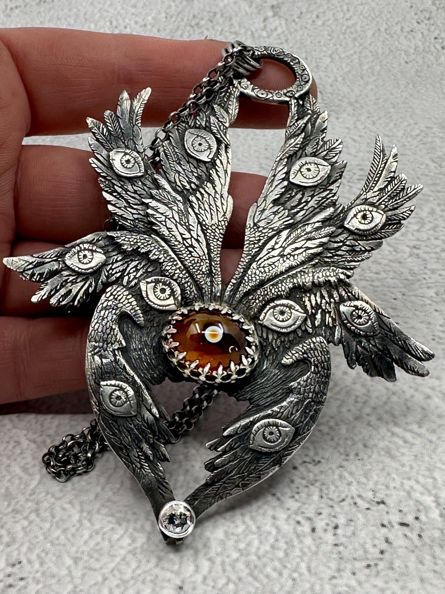 Huge Biblically Accurate Angel Pendant & chain. Solid sterling silver with eye agate & salt and pepper diamond. Exquisite details, wings, eyes, all handmade by Silver Labyrinth Jewelry. Other sizes available onsite