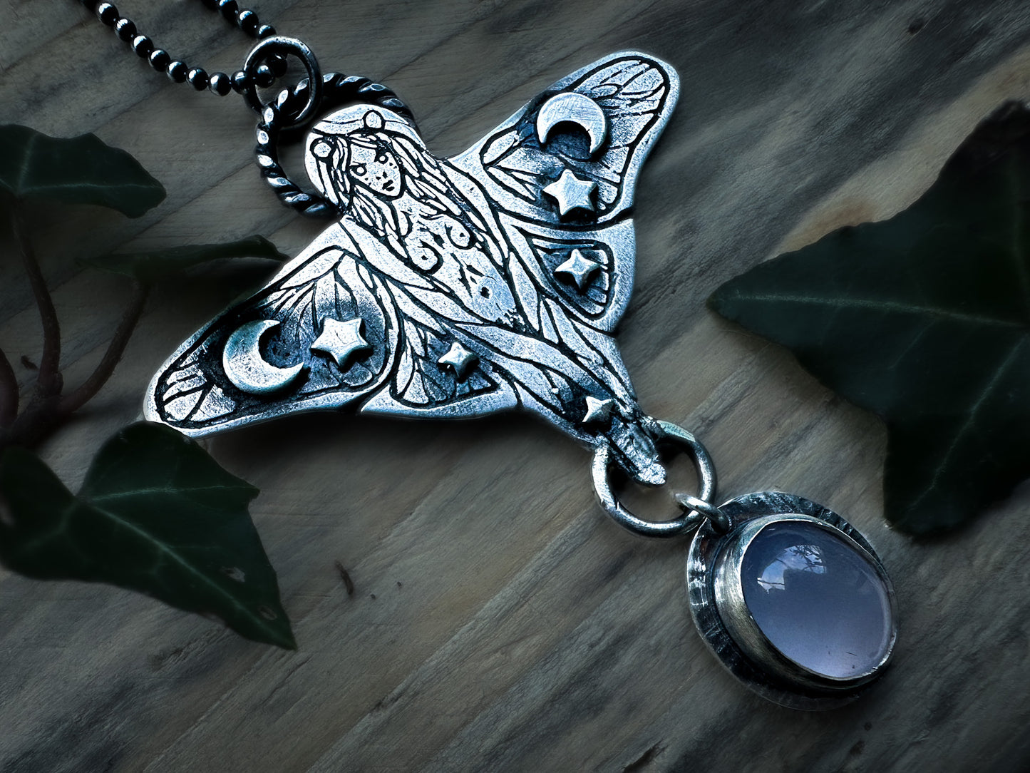 Mystical faerie pendant with lilac chalcedony, stars and moons in sterling silver