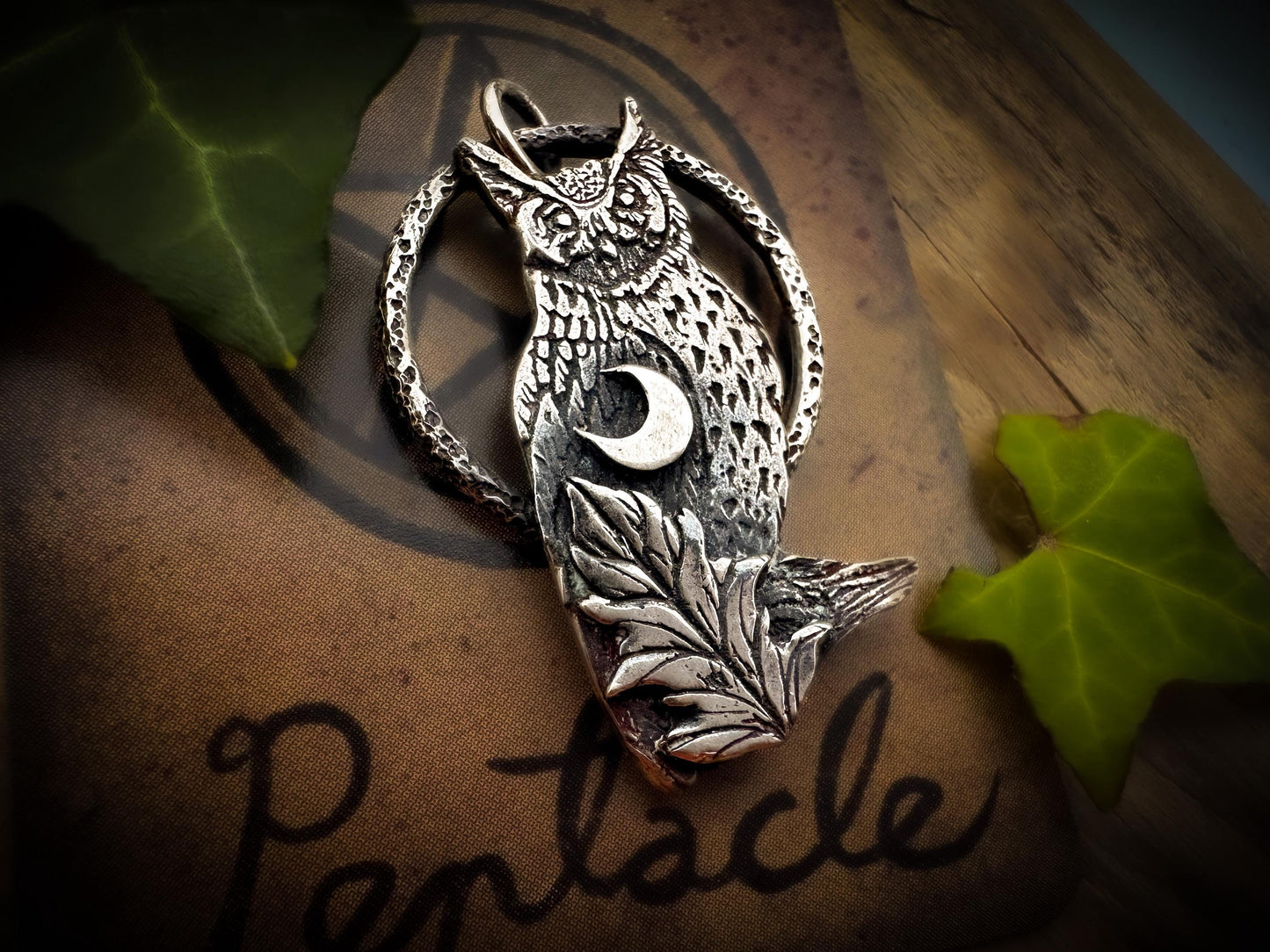 Horned Owl in Sterling Silver with crescent moon and leaf