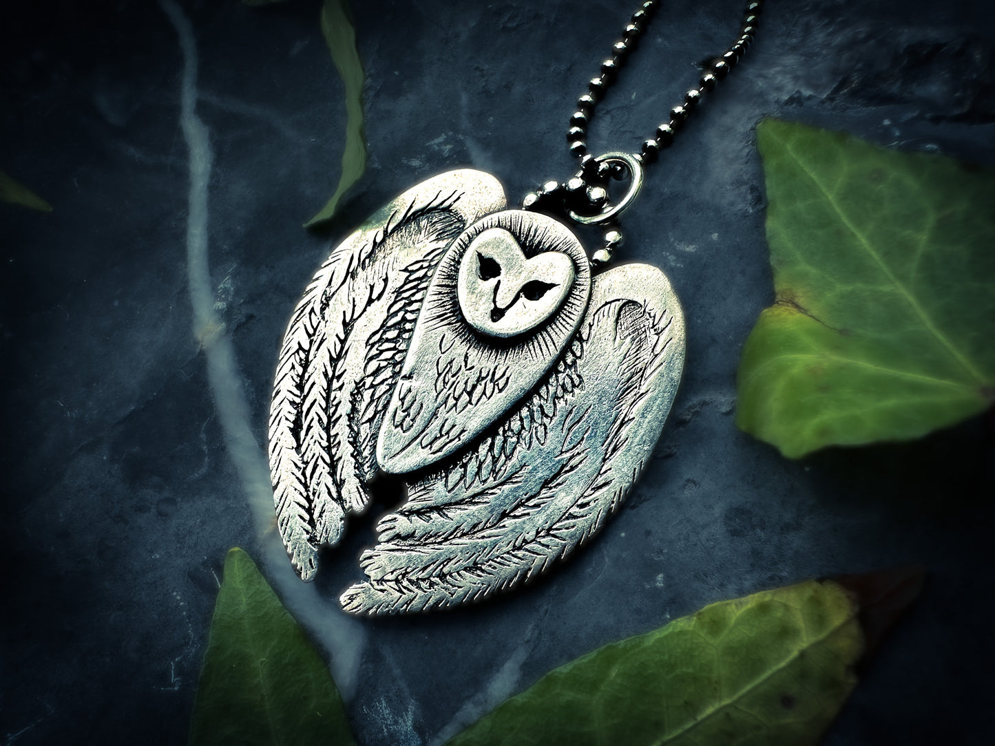 Sterling silver Totem Barn Owl pendant symbolizing wisdom and intuition. Handmade by Silver Labyrinth Jewelry 