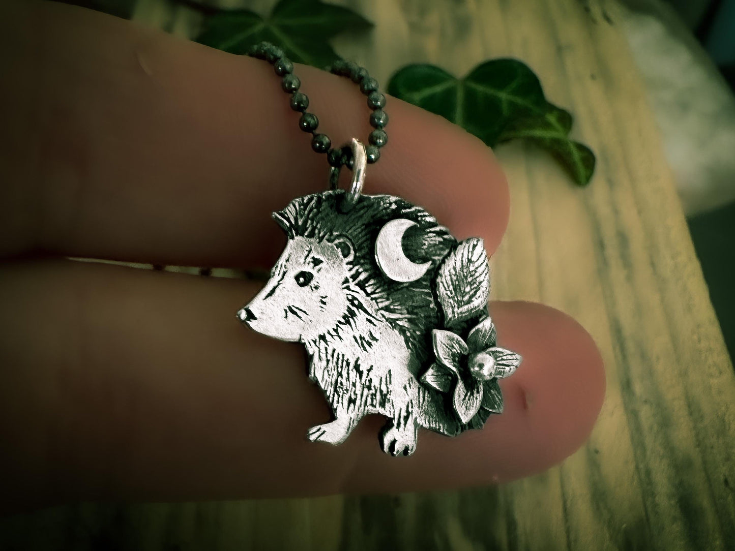 From The Little Familiars Collection, sterling silver hedgehog with details, shown with optional chain. By Silver labyrinth Jewelry