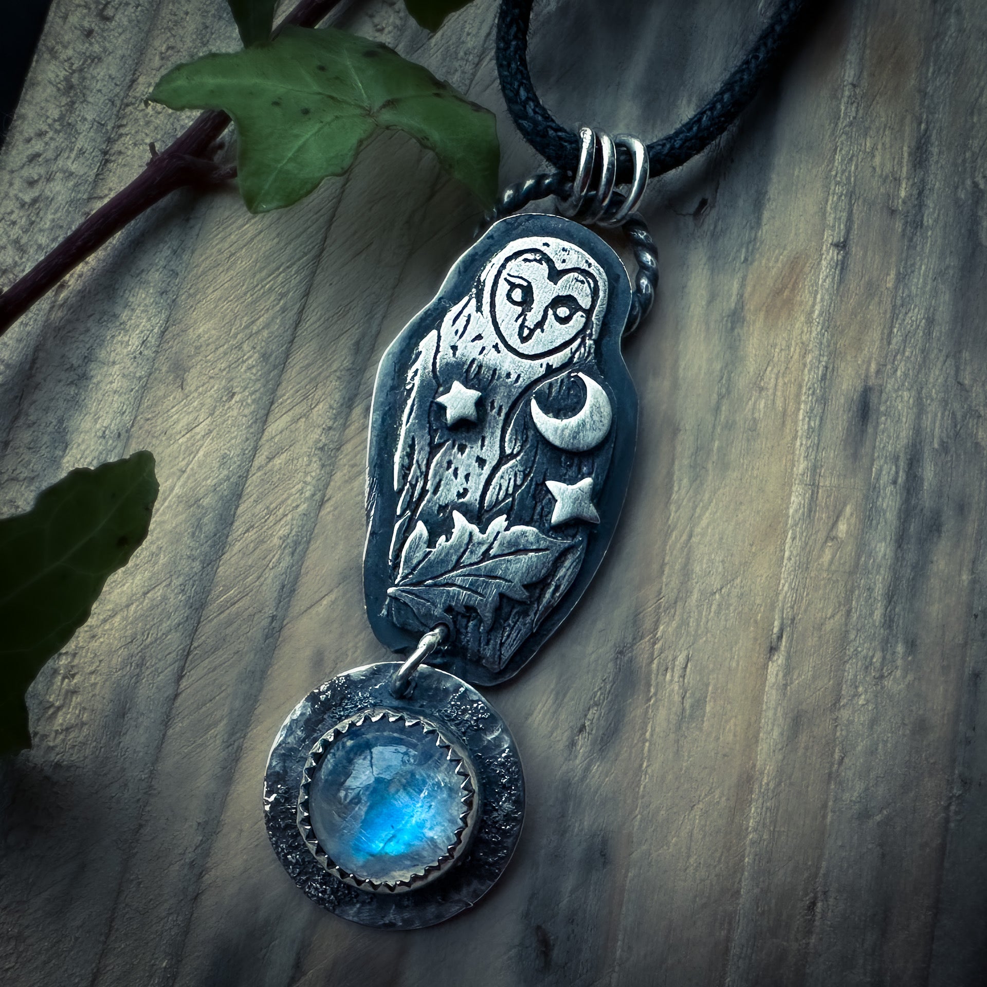 Little Familiars barn owl pendant with patina finish and celestial details. By Silver Labyrinth Jewelry