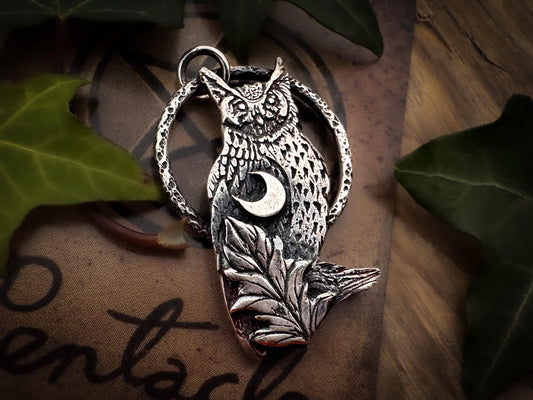 Sterling silver horned owl, detailed, oxidised and polished. Handmade in Devon, UK. Perfect companion for daywear or layering