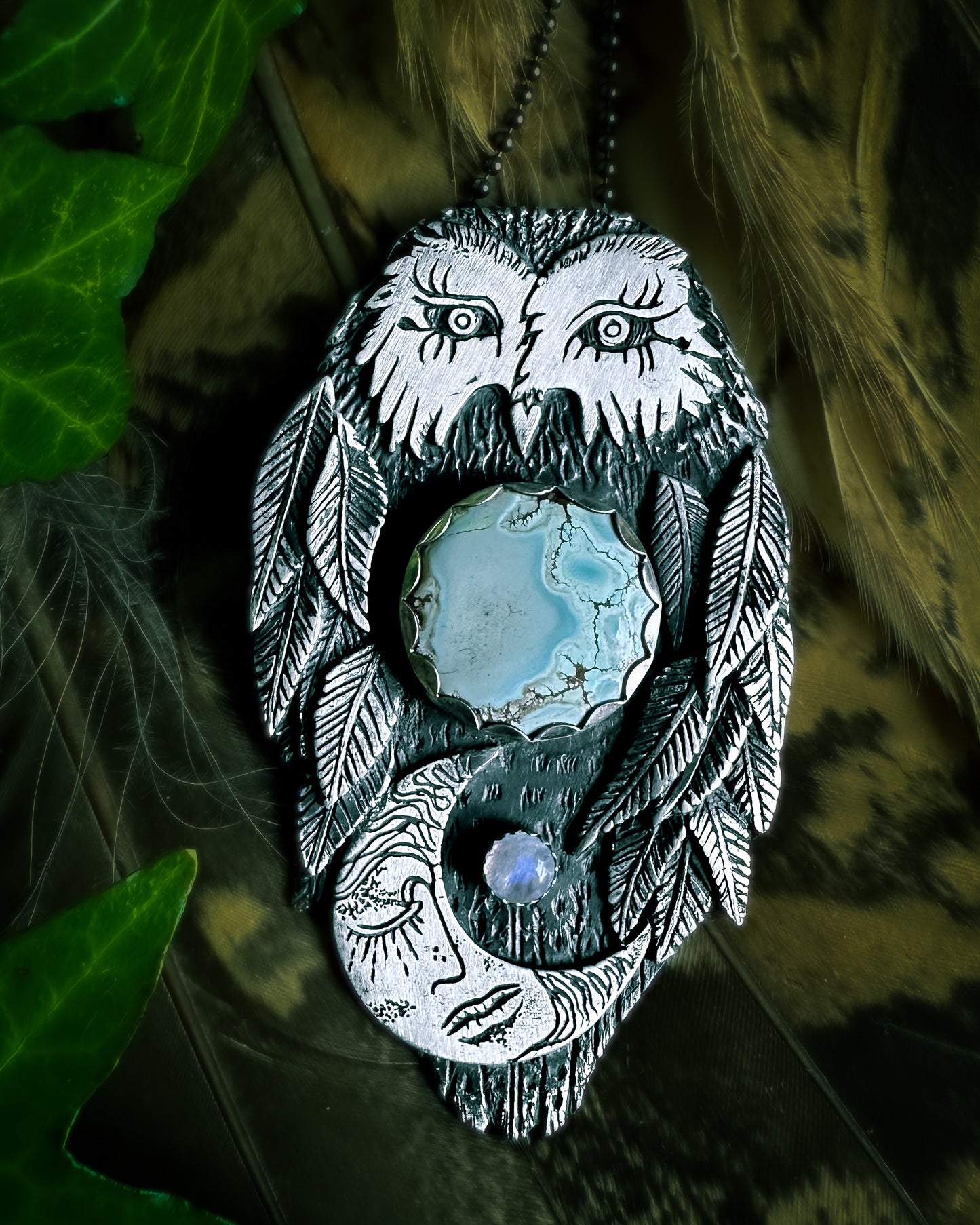 Silver Snowy Owl Pendant with lilac turquoise, crescent moon & moonstone